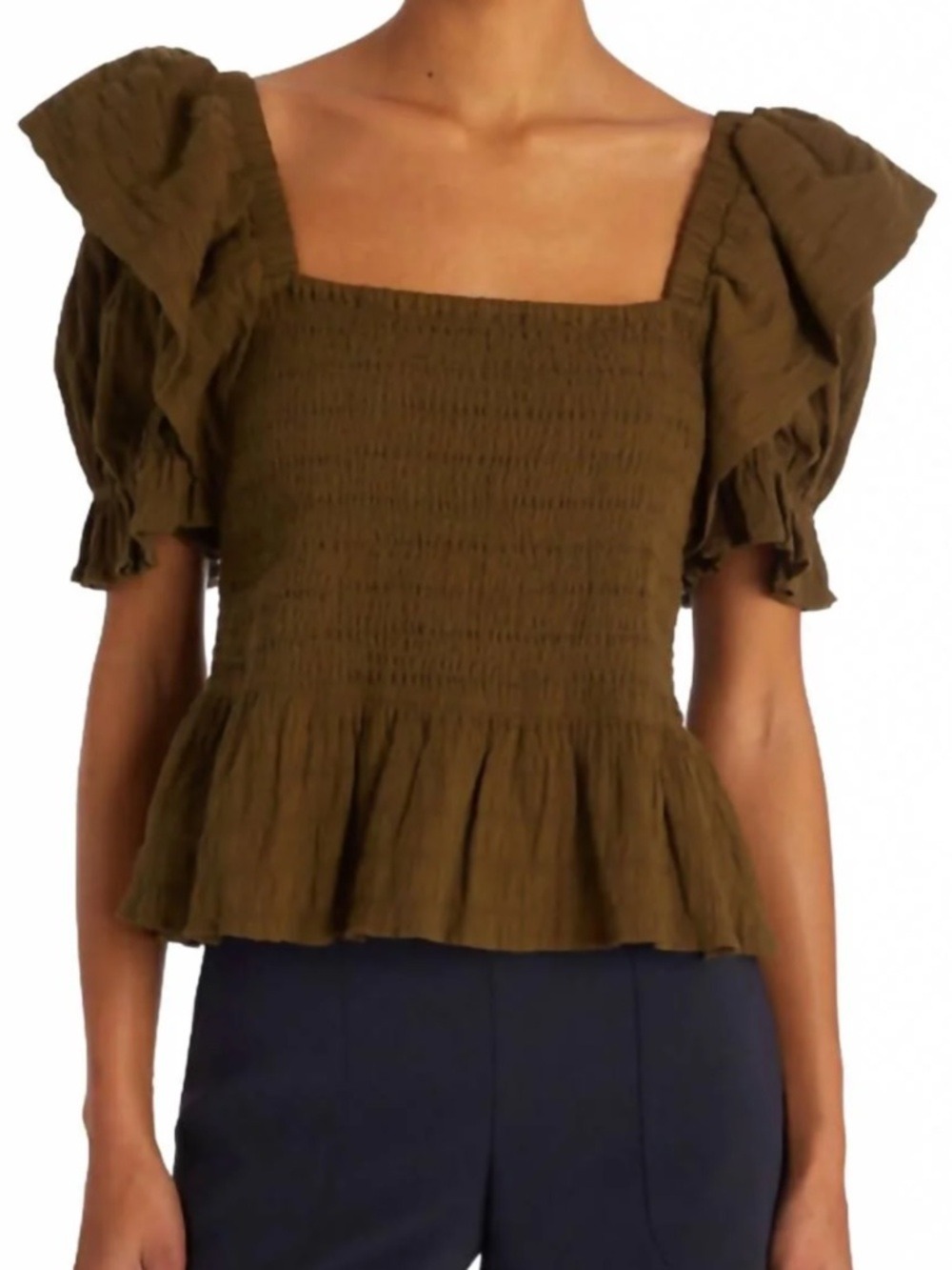 Marie Oliver Olive Ruffled Smocked Peplum Top in Juniper | size small - Picture 3 of 9